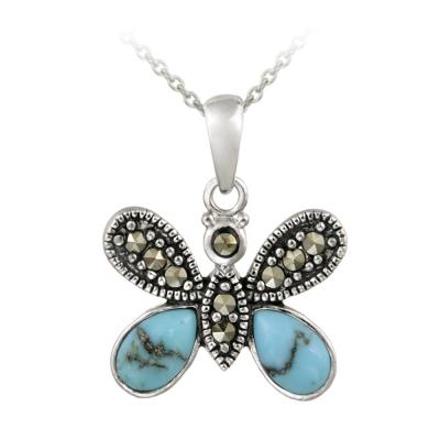 Sterling Silver Marcasite & Created Turquoise Butterfly Pendant