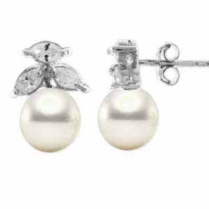 Sterling Silver Simulated Pearl with Simulated Diamond CZ Earrings
