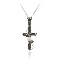 Sterling Silver Marcasite & Simulated Pearl Filigree Cross Pendant