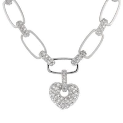 Sterling Silver Pave CZ Rectangle Link Necklace with CZ Heart Charm