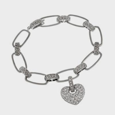 Sterling Silver Pave CZ Rectangle Link Bracelet with CZ Heart Charm