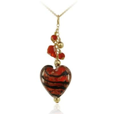 18K Gold over Sterling Silver Red Glass Cluster Heart Pendant