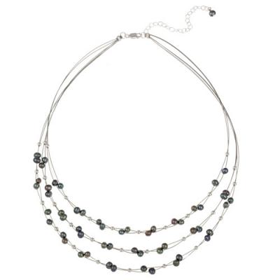 Sterling Silver Freshwater Cultured Peacock Pearls & Beads 3-Row Graduating Necklace