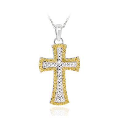 Sterling Silver Two-Tone Yellow Diamond Accent Cross Pendant