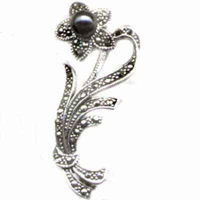 Estate Marcasite Flower Pin with Simulated Gray Pearl