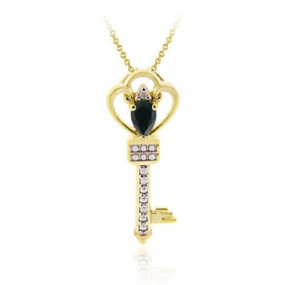18K Gold over Silver Designer Sapphire & Diamond Accent Crown Key Slide Pendant
