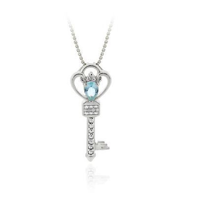 Sterling Silver Blue Topaz & Diamond Accent Crown Key Pendant Necklace