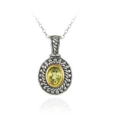Sterling Silver Two Tone Designer Inspired Peridot Oval Pendant w/ Beaded Border
