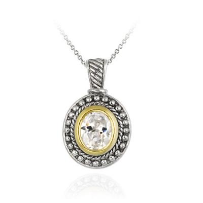 Sterling Silver Two Tone Designer Inspired CZ Oval Pendant w/ Beaded Border