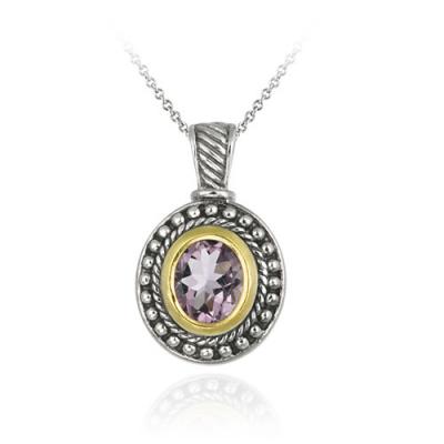 Sterling Silver Two Tone Designer Inspired Amethyst Oval Pendant w/ Beaded Border