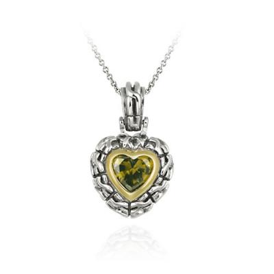 Sterling Silver Two Tone Designer Inspired Olive CZ Heart Pendant w/ Braided Border