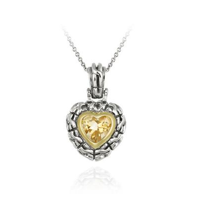 Sterling Silver Two Tone Designer Inspired Champagne CZ Heart Pendant w/ Braided Border