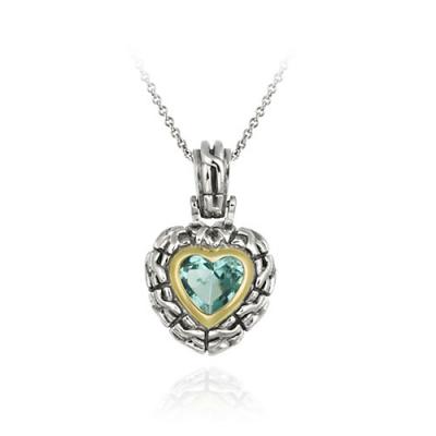 Sterling Silver Two Tone Designer Inspired Aqua CZ Heart Pendant w/ Braided Border