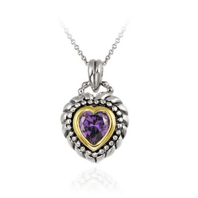 Sterling Silver Two Tone Designer Inspired Purple CZ Heart Pendant w/ Braided Border