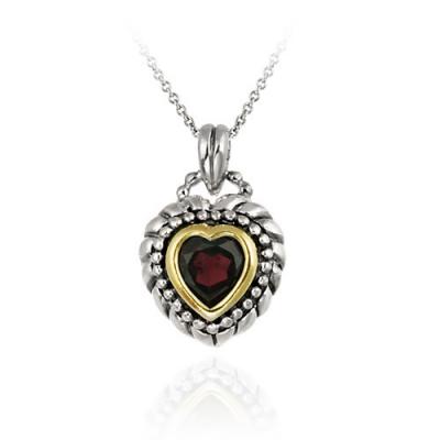Sterling Silver Two Tone Designer Inspired Garnet Heart Pendant w/ Beaded Border
