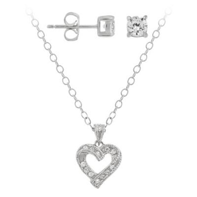 Sterling Silver Designe-Inspired CZ Heart Pendant & Stud Set