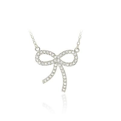Sterling Silver CZ Bow Tie Pendant Necklace 18'