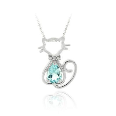 Sterling Silver Blue Topaz & Diamond Accent Filigree Cat Slide Pendant