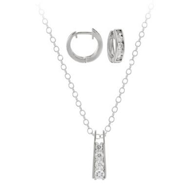 Sterling Silver CZ Stone Journey Pendant and Huggie Earrings Set