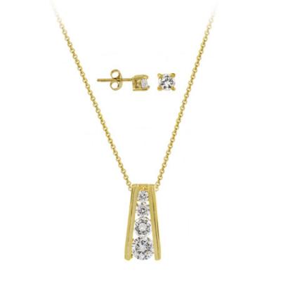 18K Gold over Sterling Silver CZ Journey Pendant & Stud Earrings Set