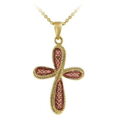 18k Two-Tone Rose Gold over Silver  Champagne Diamond Accent Ribbon Cross Necklace