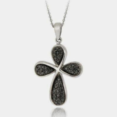 Sterling Silver Black Diamond Accent Ribbon Cross Pendant