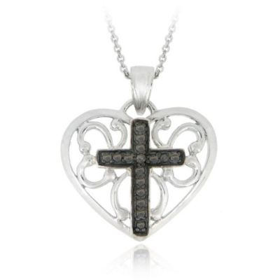 Sterling Silver Black Diamond Accent Heart W/ Cross Pendant