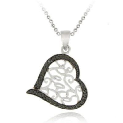 Sterling Silver Black Diamond Accent Heart Peace Filigree Pendant