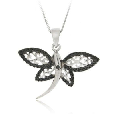Sterling Silver Black Diamond Accent Filigree Dragonfly Pendant