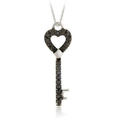 Sterling Silver Black Diamond Accent Designer Heart Key Pendant