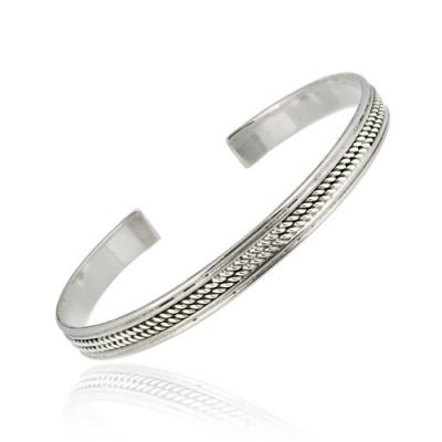 Sterling Silver Double Rope Design Cuff Bangle w/ Polished Double Border
