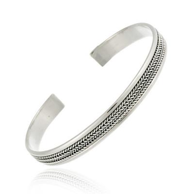 Sterling Silver Rope Design Cuff Bangle w/ Polished Border