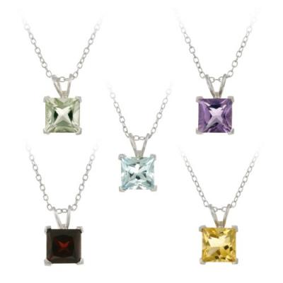 Sterling Silver 9.1ct TGW 7mm Square Amethyst, Blue Topaz, Citrine, Garnet & Green Amethyst Solitaire Pendants Set, 18'