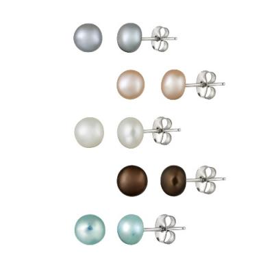 Stainless steel 5.5-6mm Freshwater Cultured White, Peach, Grey, Brown, Aqua Blue Stud Earrings, Set of 5