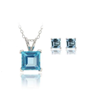 Sterling Silver 3.65ct Swiss Blue Topaz Square Solitaire Pendant & Stud Earrings Set