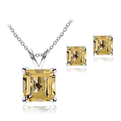 Sterling Silver 2.75ct TGW Citrine Square Solitaire Pendant & Stud Earrings Set, 18'