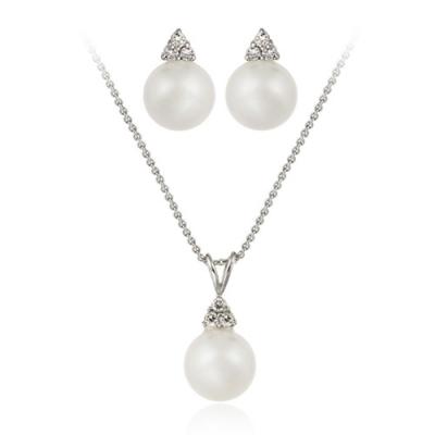 Sterling Silver Simulated White Pearl w CZ Pendant & Earrings Set