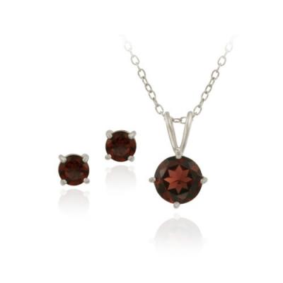 Sterling Silver 2.95ct TGW Garnet Round Solitaire Pendant & Stud Earrings Set, 18'