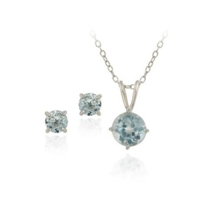 Sterling Silver 2.&3/4ct Blue Topaz Round Solitaire Pendant & Stud Earrings Set