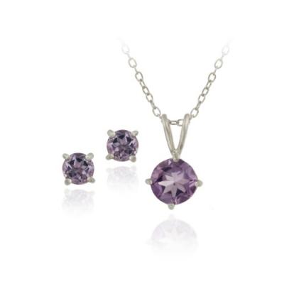 Sterling Silver 2ct TGW Amethyst Round Solitaire Pendant & Stud Earrings Set, 18'