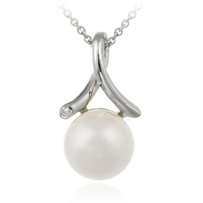 Sterling Silver Simulated White Pearl & CZ Twist Pendant