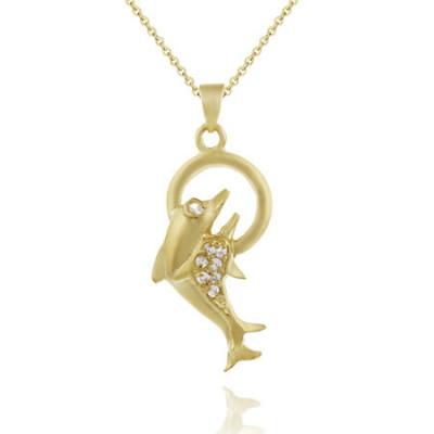18K Gold over Sterling Silver CZ Double Jumping Dolphins Necklace