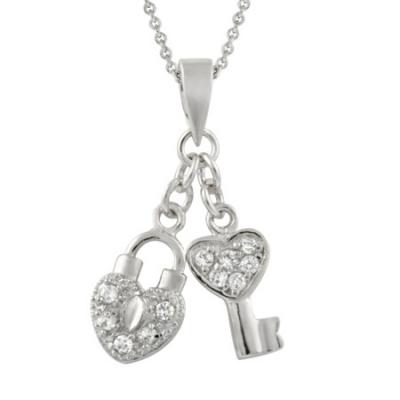 Sterling Silver Heart Lock & Key CZ Pendant