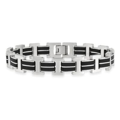 Stainless Steel and Rubber 'I' and Double Bar Design Mens Link Bracelet