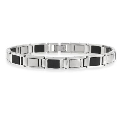 Stainless Steel & Rubber Accent Square Link Mens Bracelet