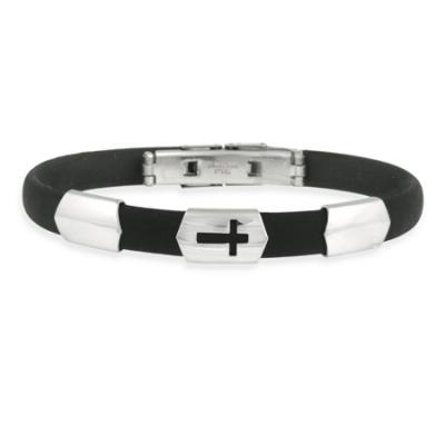 Stainless Steel and Rubber Mens Bracelet with Cross
