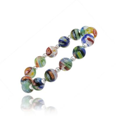 Sterling Silver Venetian Murano Glass Beaded Millefiori Flower Stretch Bracelet