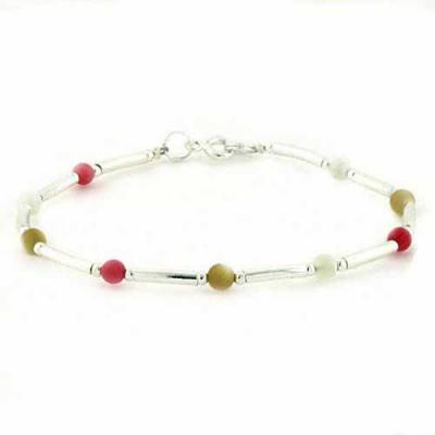 Sterling Silver Mother of Pearl, Natural Mother of Pearl, Bamboo & Pink Coral Bar & Bead Bracelet