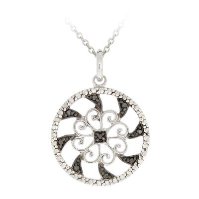 Sterling Silver Black Diamond Accent Flower Medallion Pendant