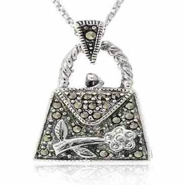 Sterling Silver Marcasite Purse with Flower Pendant